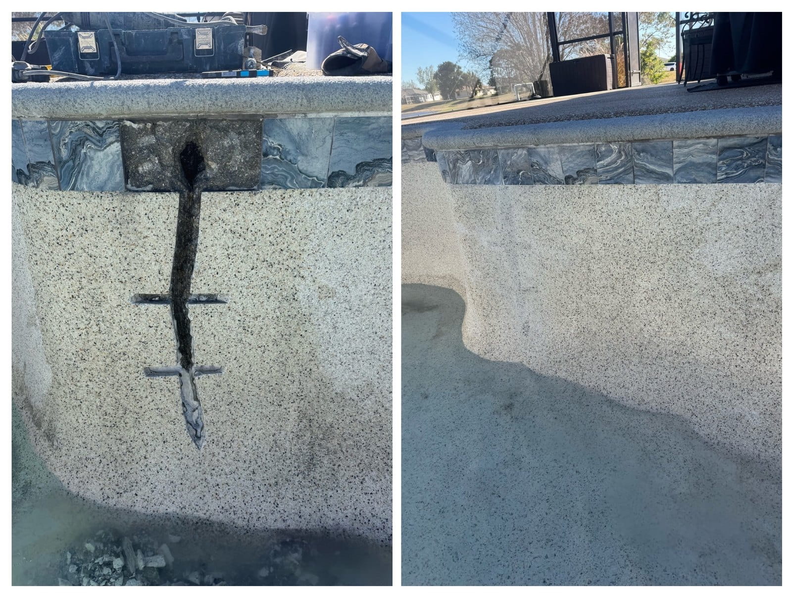A structural crack is routed out and reinforced, then finished so it blends back into the surrounding surface.