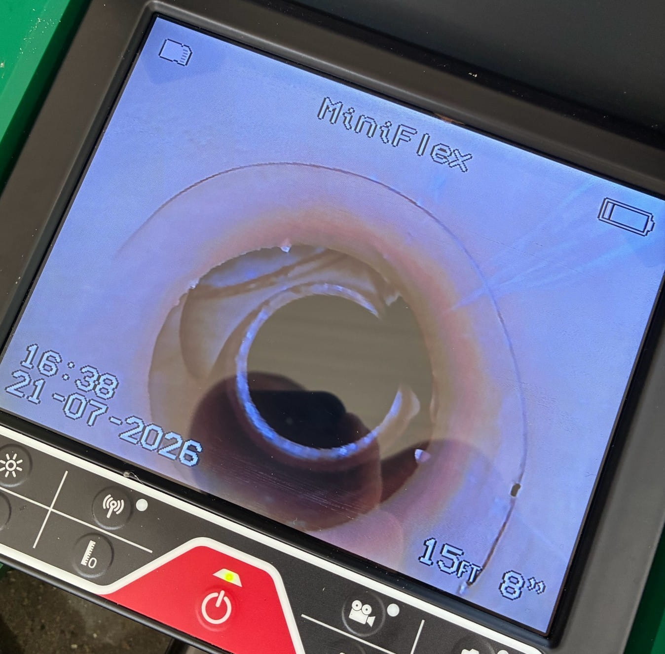 A cracked pool return line, found and confirmed with the pipe camera.
