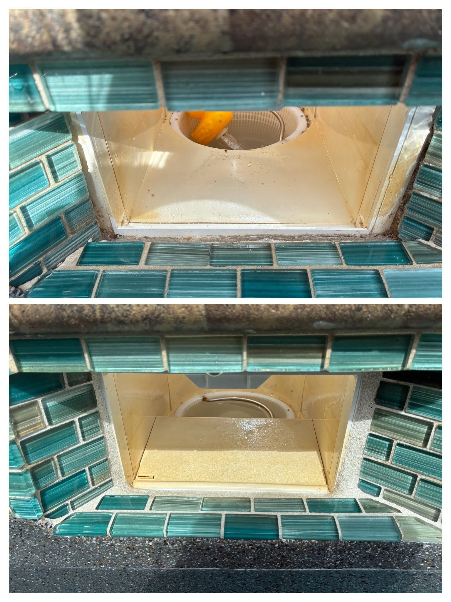 A leaking skimmer face can be sealed back up w/ a skimmer face rebuild.