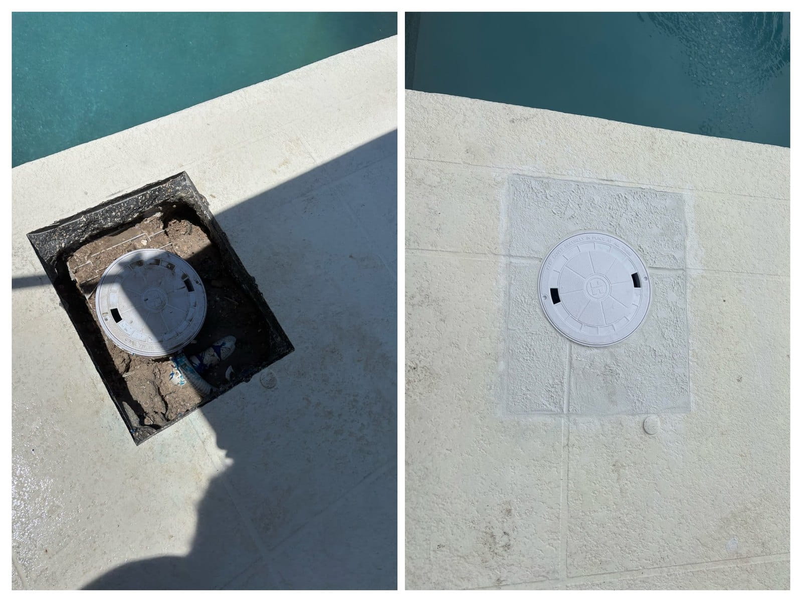 We cut a precise deck opening to remove the damaged skimmer, then close it with matching texture and minimal visible scarring.