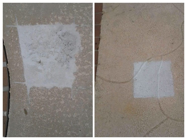 Under deck repair, another company's patch on the left and ours on the right. We keep the opening small and match the texture.
